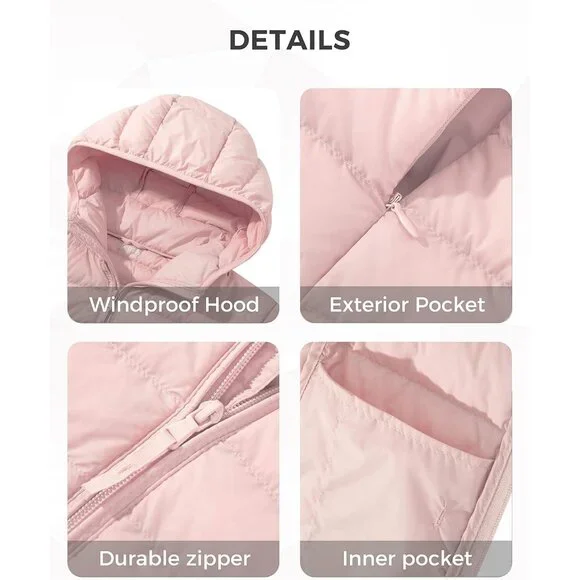Women's Light Pink Short Down Hooded Puffer Jacket Coat Fabric Packable Ultra